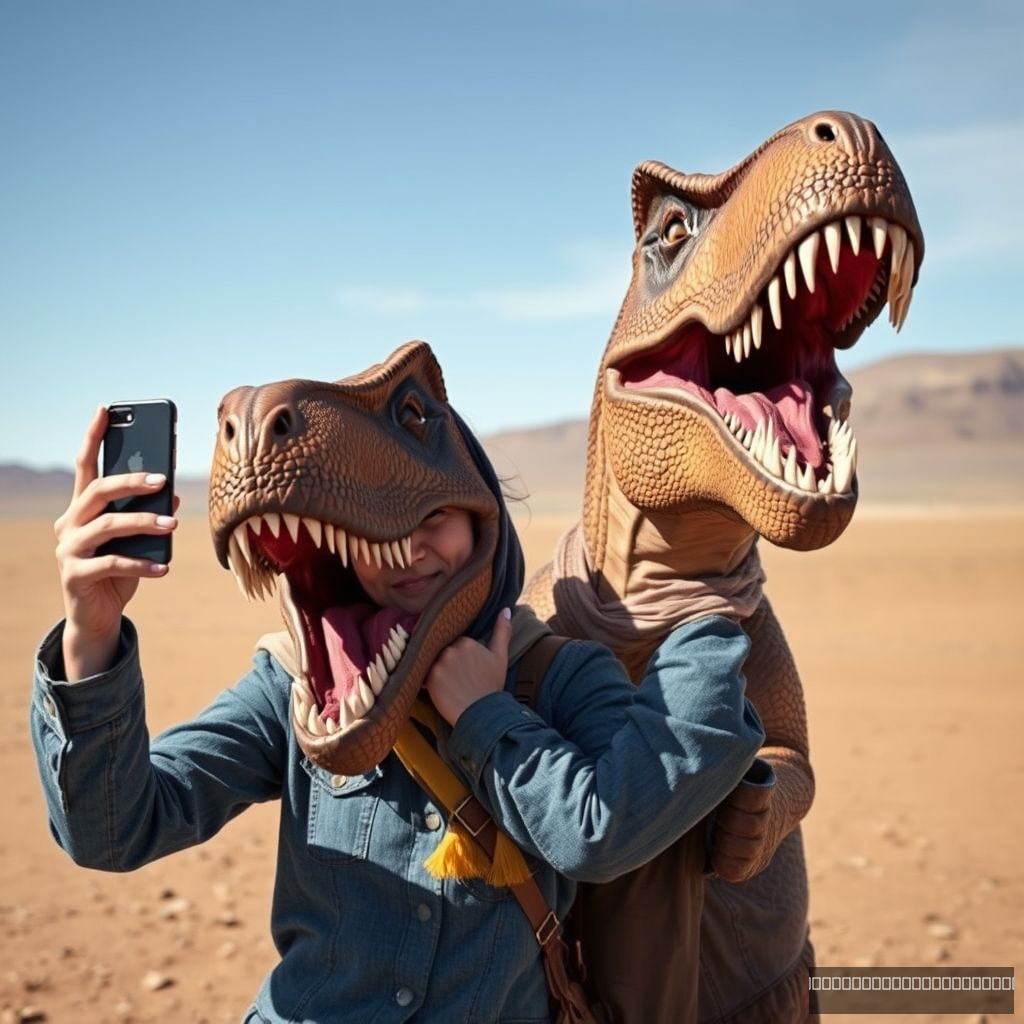 Realistic photo of a 20-year-old Mongolian woman with a big adult roaring Dinosaur T-rex, raising her phone for an unusual selfie; she embraces the T-rex, with both the woman and the T-rex showing a V hand sign. Realistic raw photo from the Gobi steppe in Mongolia.