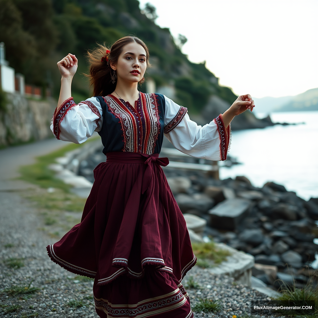 An attractive Portuguese woman wearing traditional clothes dancing near a riverbank. Full body shot, facing the camera, in Vogue Runway style fashion photography. In the style of cottagecore aesthetic, editorial photography, using natural light, with muted colors, establishing shot, Laura Makabresku, Flickr.