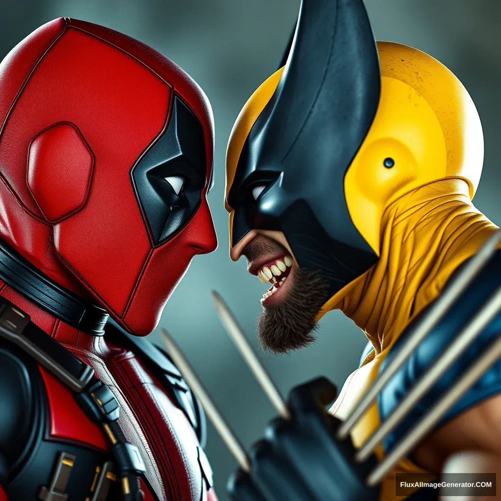 Imagine a face-off between Deadpool and Wolverine. Photorealistic style shot with 30mm.