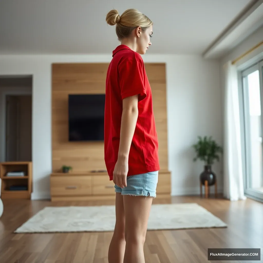 Side view of a young blonde skinny woman in her early twenties in her spacious living room, wearing a massively oversized red polo T-shirt that is slightly off balance on one shoulder. The bottom part of her T-shirt is tucked in on all sides. She is also wearing small light blue denim shorts, with no shoes or socks, facing her TV and standing with both arms straight down.