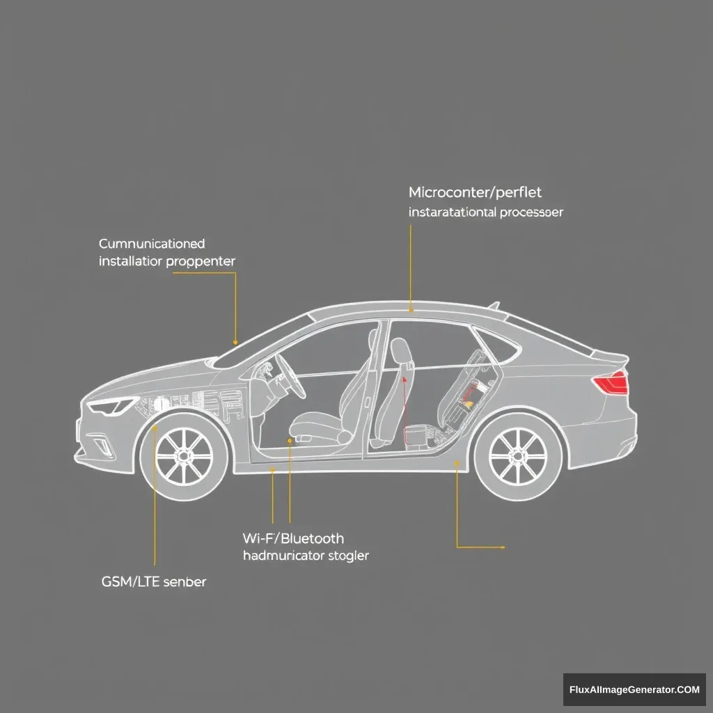 Create a detailed sketch of a car equipped with an advanced accident alert system, focusing on the specific installation locations of the following hardware components:

Microcontroller/Processor:

Installed under the dashboard or in a central control unit.  
Accident Detection Sensors:

Accelerometer and Gyroscope: Integrated into the vehicle’s central control unit or under the dashboard.  
Impact Sensors: Placed at the front, rear, and sides of the vehicle.  
Communication Modules:

GSM/LTE Module: Installed under the dashboard or in the central control unit.  
Wi-Fi/Bluetooth Module: Integrated with the microcontroller.   - Image