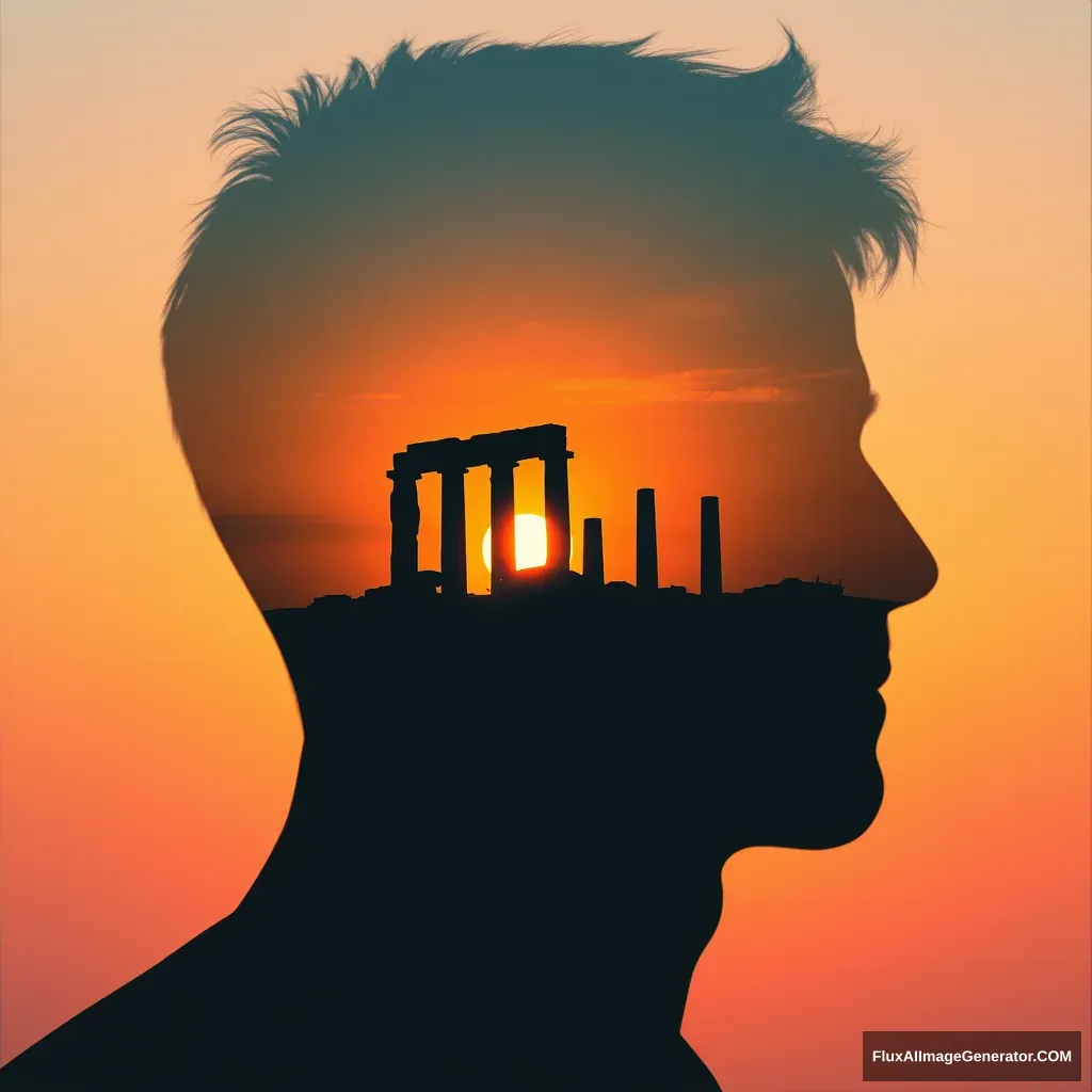 "[Abstract style sunset, ruins] within the outline of a [man's] head, this is a double exposure photo. Non-representational, colors and shapes, emotional expression, imaginative, very detailed."