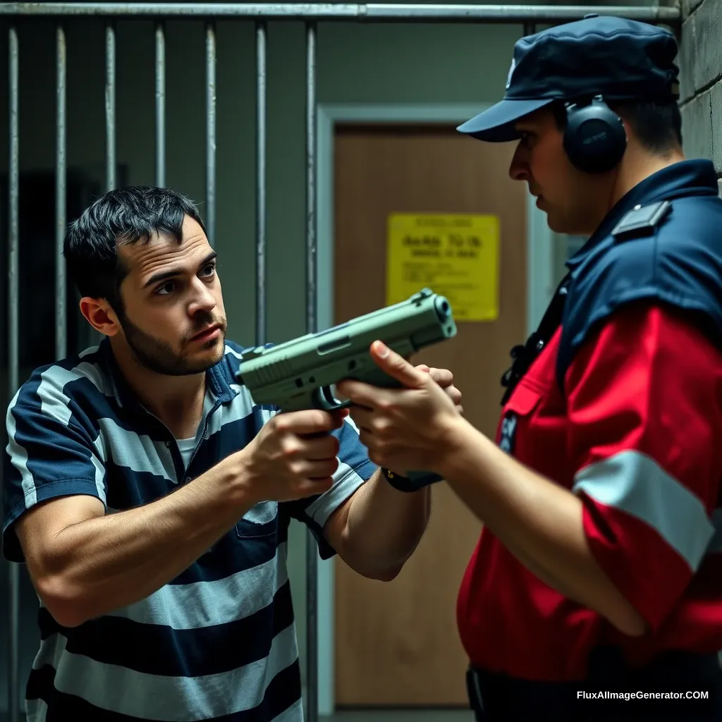 A prisoner threatens a female guard with a homemade toy gun in a scene of an escape.