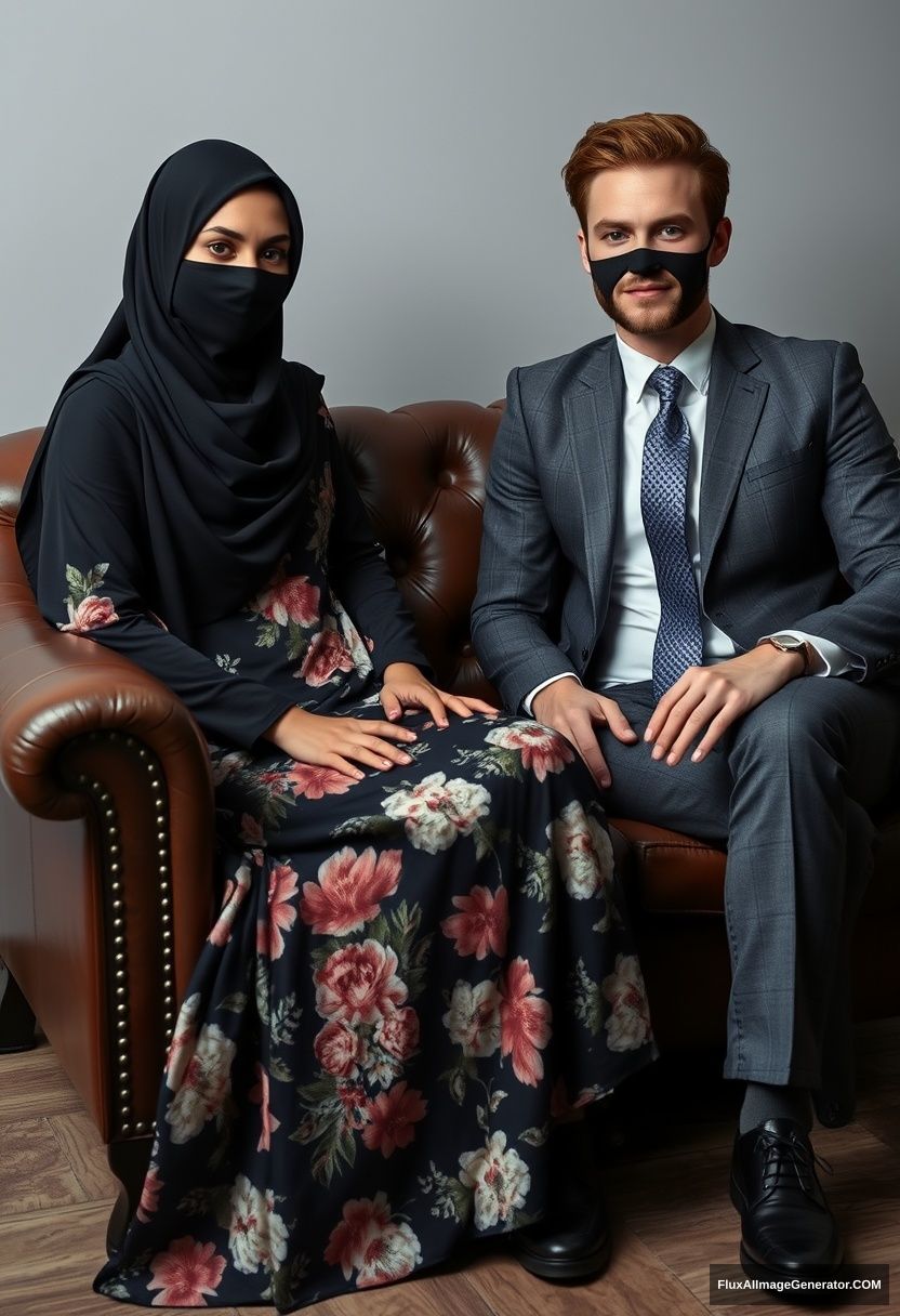 A biggest black hijab girl, slim girl, beautiful eyes, face mask black, biggest floral longest dress, sitting on leather single wing sofa, 

Jamie Dornan, youngest, grey suit coat, grey pattern tie, black leather sneaker, tall man, face mask black, fit body, sitting near her,

hyper realistic, studio photography.