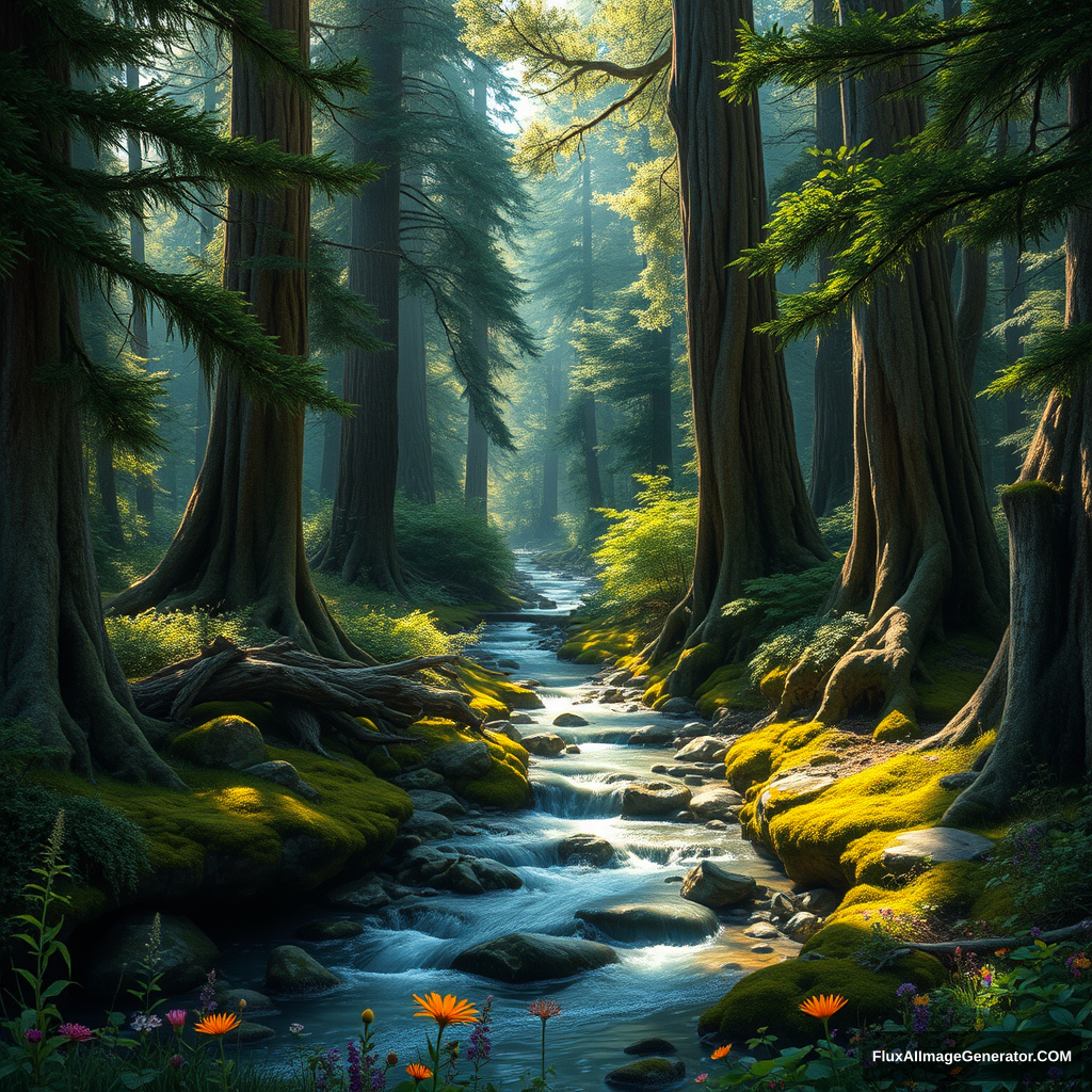 A magical forest with tall, ancient trees and a clear, gurgling stream flowing out of it. The sunlight filters through the dense foliage, creating a dappled effect on the forest floor. Moss covers the rocks along the stream's banks, and colorful wildflowers dot the landscape. --ar 16:9 --v 5