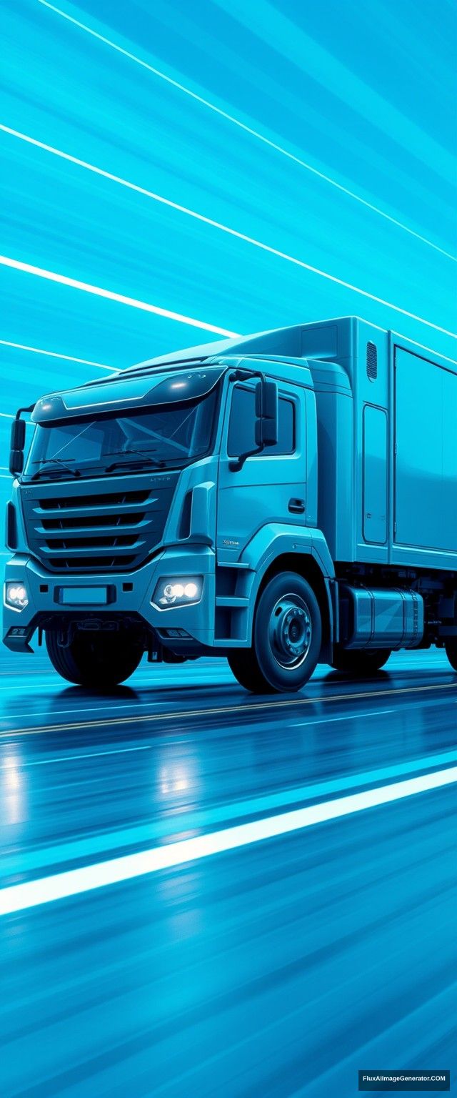 The truck has simple and dynamic lines, driving high-tech vehicles, speed lines, glow, the overall picture is bright and clean, full of the future, science and technology, blue atmosphere, showing the whole body, panoramic view.