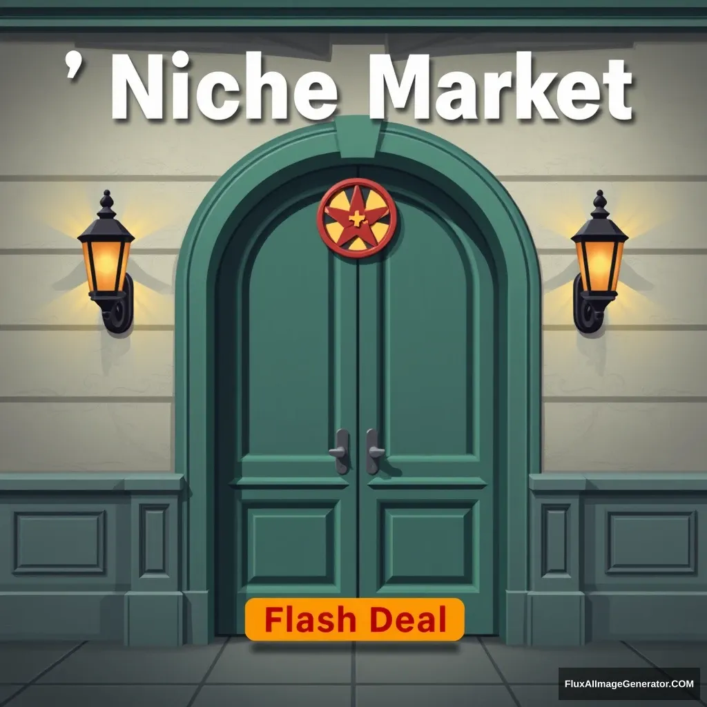 "Icon. Text above the big door: 'Niche Market: Flash Deal'"