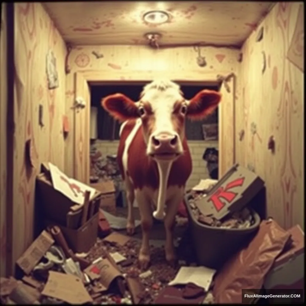 '70's surreal photo of cow in garbage house' - Image