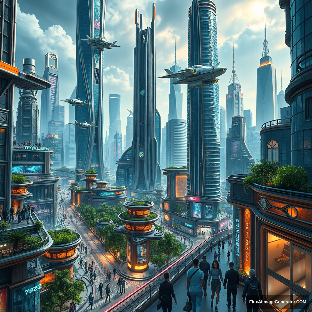 an intricate and futuristic scene of a bustling cityscape, featuring towering skyscrapers with sleek designs, advanced transportation systems including flying vehicles, green spaces integrated into urban environments, vibrant neon lights highlighting the streets, and people dressed in modern, tech-forward attire. The overall atmosphere should evoke a sense of awe and wonder at the technological advancements and sustainable living practices prevalent in this future world.