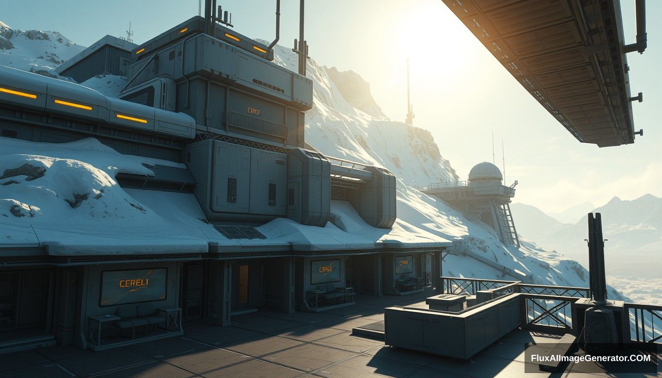 Cel shaded art, wide shot, a sci-fi center on the top of a snow mountain, open air, close look, cyberpunk, military base, Star Wars style, indoor, patio, morning, sunlight, fortress.