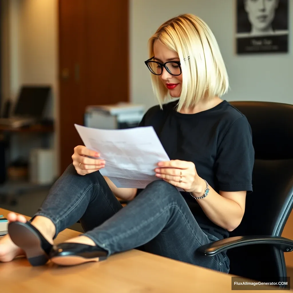 A woman in her 30s with a blonde bob haircut, black-rimmed glasses, and red lipstick is sitting at her desk in an office, reading a note. She is wearing skinny dark grey jeans and a black t-shirt. She has her feet resting on the table without shoes, which are black leather flats placed on the table. - Image