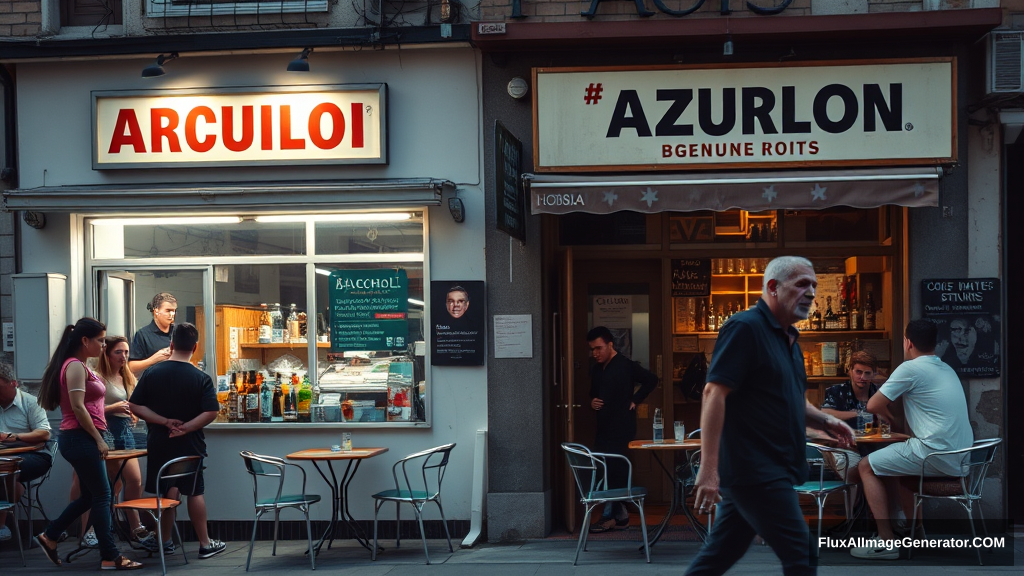 Real-life photography: There are two small shops selling alcohol, with tables and chairs set up outside, where many young men and women are drinking and chatting. A zombie walks by.