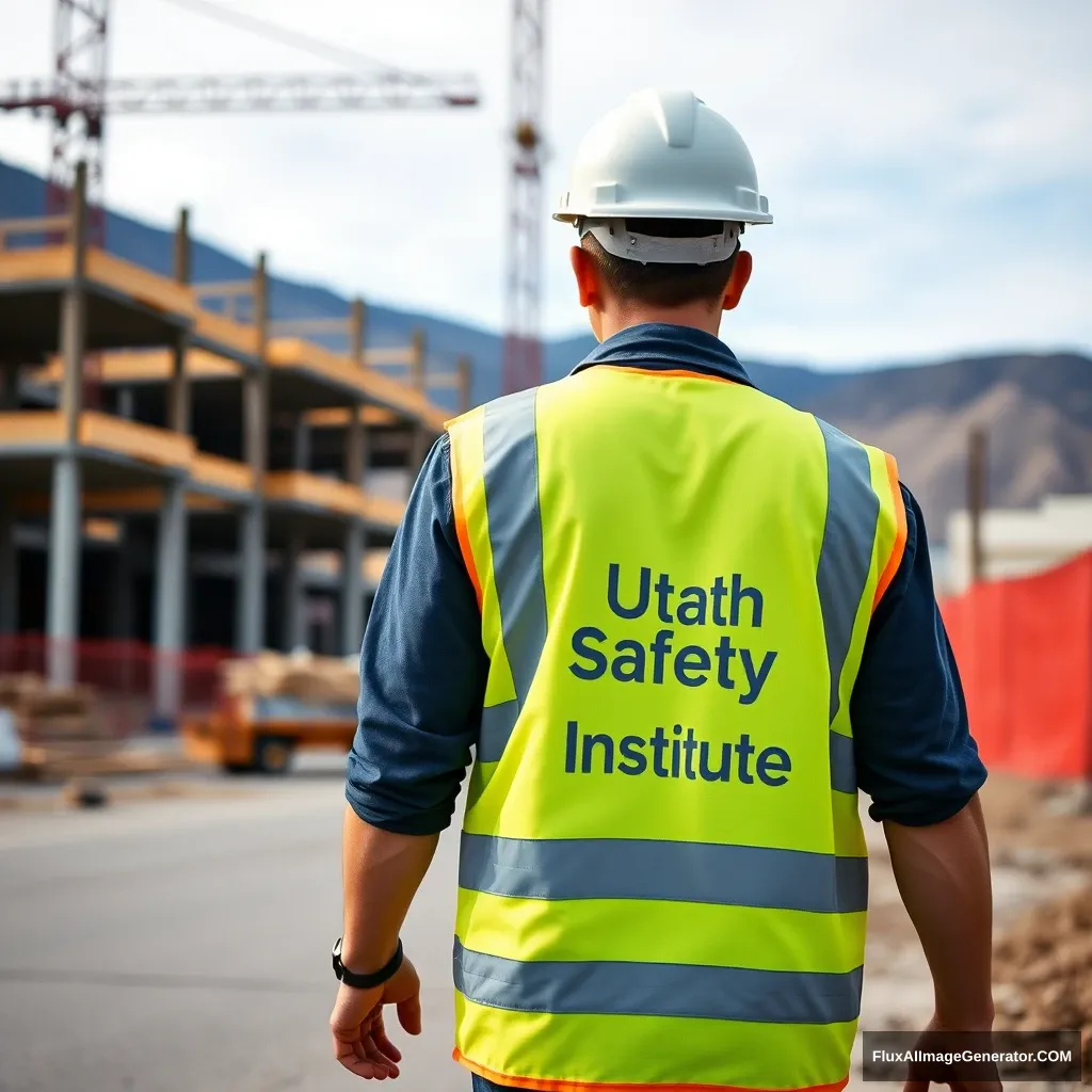 A photorealistic image of a construction worker walking away from a construction site. The construction worker should compose about ⅛ of the image. He is wearing a yellow vest that has “Utah Safety Institute” in white letters on the left chest. He is also wearing a white safety hat.