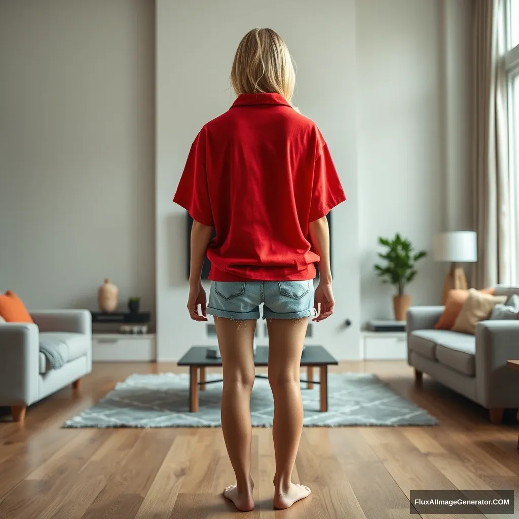 Front view of a young blonde skinny woman in her early twenties in her massive living room, wearing a massively oversized red polo t-shirt that is slightly off-balance on one shoulder. The bottom part of her t-shirt is tucked in, and she is also wearing light blue denim shorts. She is barefoot, facing her TV with both arms straight down.