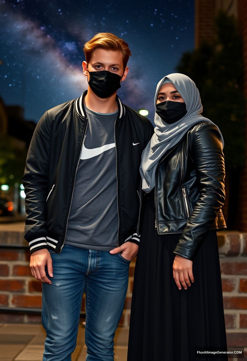 Jamie Dornan, youngest, black face mask, collage jacket, Nike t-shirt, jeans, tall man, fit body,

Dating, love with the tallest Muslim girl in a big grey hijab, beautiful eyes, black face mask, leather jacket, biggest longest skirt, shorter girl,

standing by a brick wall, in town, night scenery, Milky Way, hyper-realistic, photorealistic, street photography. - Image