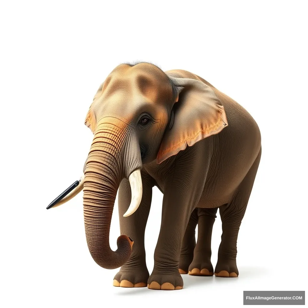 Create a realistic photo: An Asian elephant stands against a white background, holding a pen in its trunk. - Image