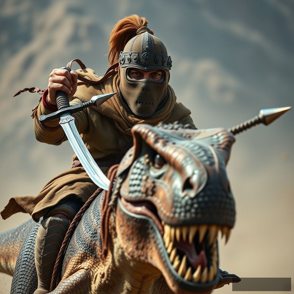 Close-up shot of an ancient Mongolian warrior's face covered with a leather mask, riding towards the viewer on the back of a T-rex dinosaur galloping at speed, holding a Mongolian sword with an ice pick grip in each hand, symmetry, realistic photo. - Image