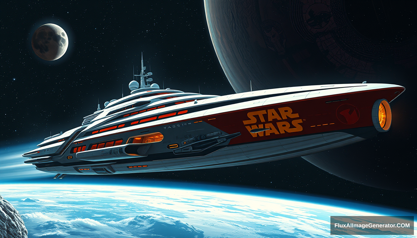 a futuristic space yacht, as painted by Syd Mead, deep space setting, 4k, full-length mural along the side, star wars style.