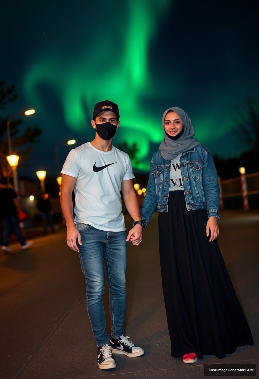 Jamie Dornan, handsome, black face mask, white Nike T-shirt, jeans, sneakers, dating in a romantic setting with a gray hijab-wearing Muslim girl, beautiful eyes, black face mask, denim jacket, very long and big skirt, not a tall girl, red sneakers, holding hands, photorealistic, street photography, full photography, selfie photos, night scenery, aurora.