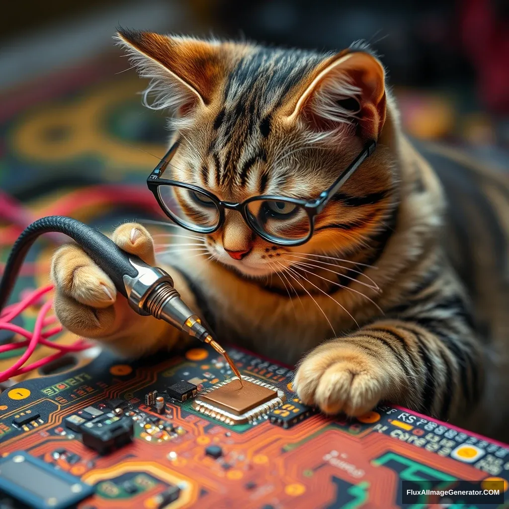 A mischievous tabby cat, wearing tiny spectacles, meticulously solders a circuit board with an iron. Vibrant threads weave intricate patterns, mimicking electronic pathways. Warm lighting. Delicate French knots form components. Style: Hyper-realistic embroidery art, blending traditional craftsmanship with modern technology. - Image