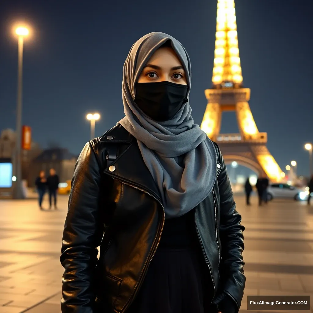 A large Muslim girl in a grey hijab, with beautiful eyes, wearing a black face mask and a black leather jacket, dressed in the longest and widest skirt, standing near the Eiffel Tower, themed for the 2024 Olympics, in a night scenery, hyper-realistic, street photography.