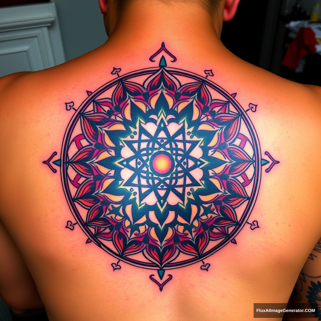 Tattoo ideas based on the number 8 and its powerful meaning. Include sacred geometry like spirals, the flower of life, pi, and the golden ratio. Full of colors. - Image