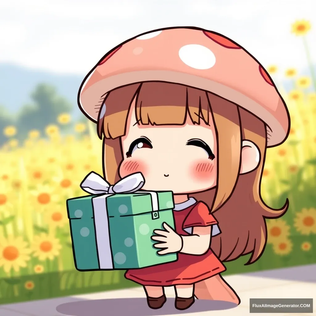 A little girl holding a snack gift box, in a chibi style, with a 3D mushroom head, wearing a dress, set against a background of the beginning of summer.