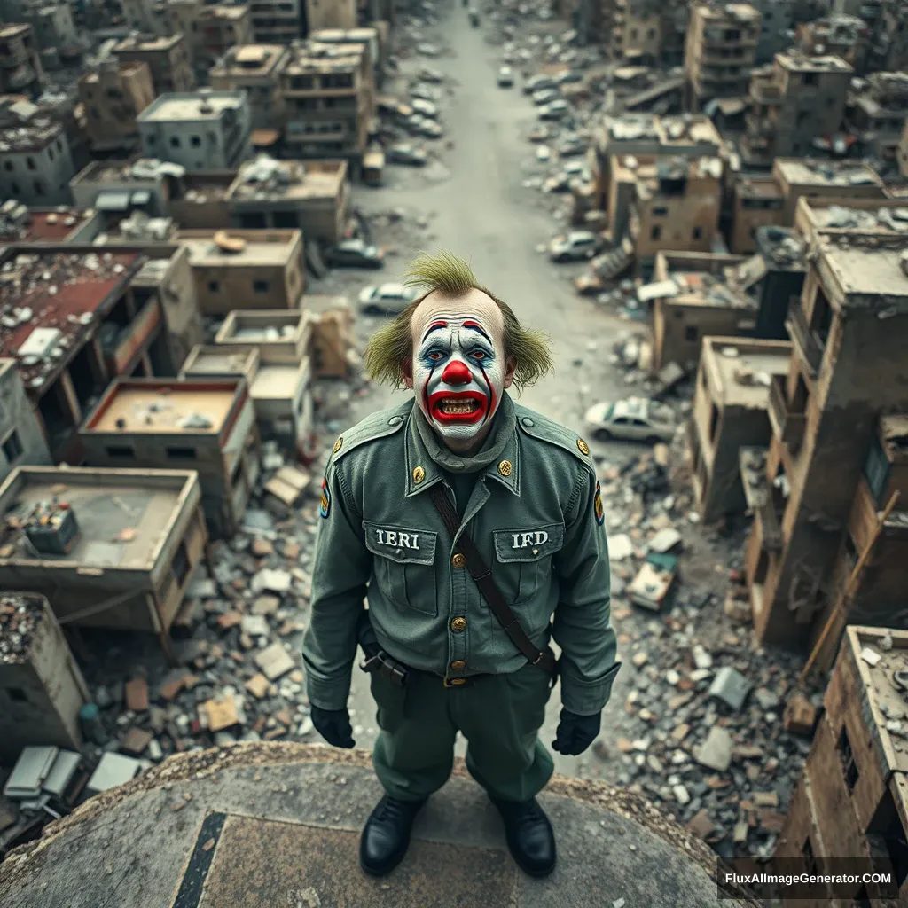 A small crying clown in an IDF uniform standing in the middle of a city in ruins. View from above and from some distance. Hyperreal. - Image