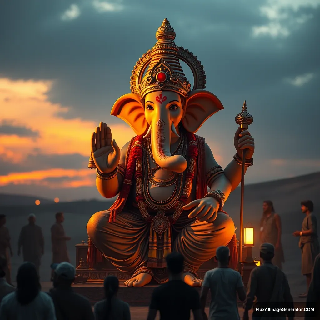 Create a new avatar of the real Indian god Ganesh with people around him, also this is a sunset view with dune light, 4K, real people, an unreal engine, a dark image, add more people.