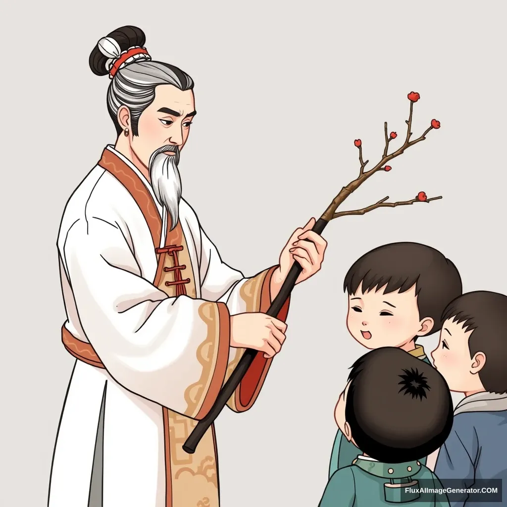 A Chinese figure, donned in traditional Tang Dynasty attire, gently holds a stick made from a tree branch, teaching a group of children with care and wisdom.