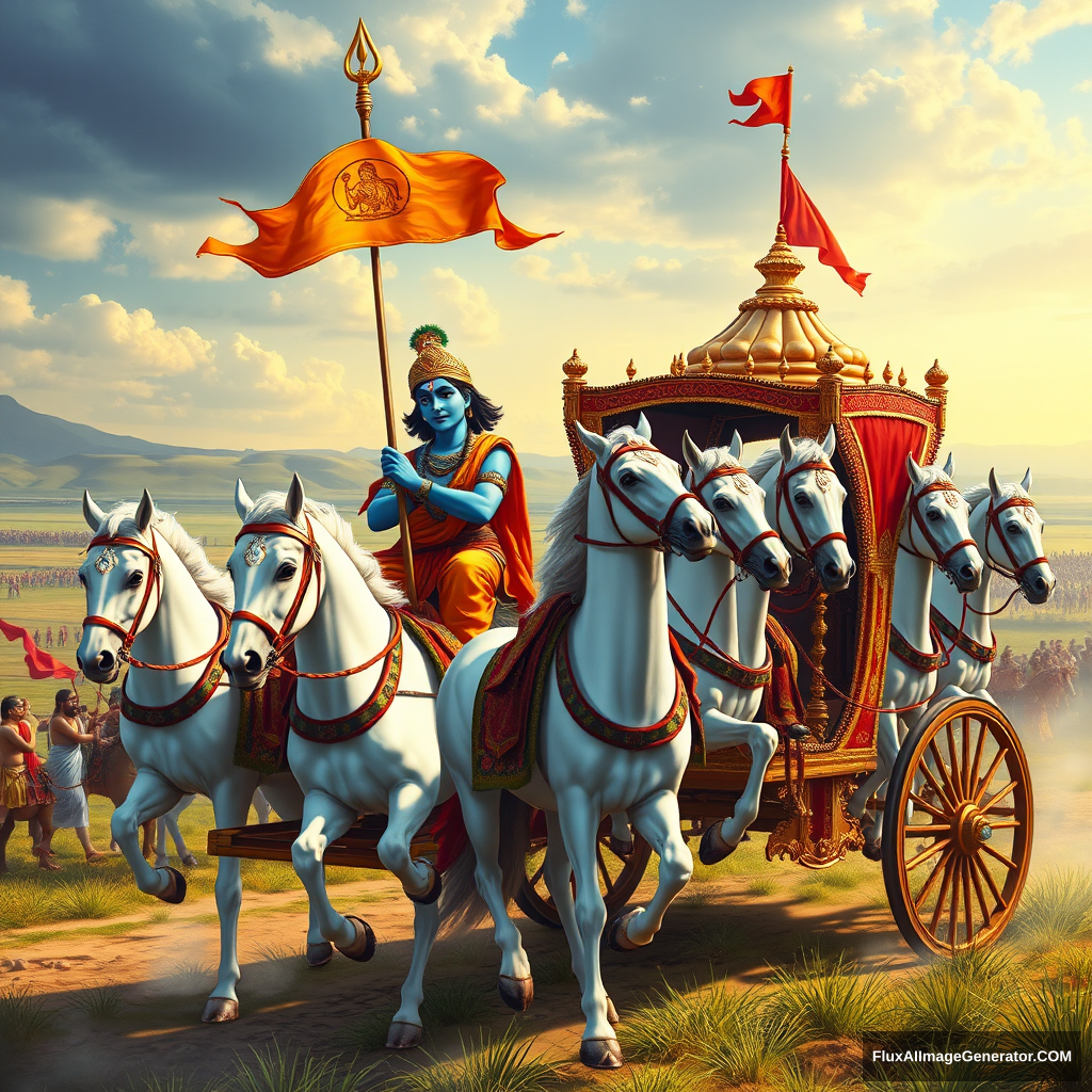 Generate a landscape image of Lord Sri Krishna and Arjuna in a chariot with 7 white horses, set against the background of the Kurukshetra battlefield. The number of persons on the chariot is 2. And the 2 people are the charioteer lord Krishna and the passenger is Arjuna in the backseat. Lord Krishna, with blue-colored skin, is holding the reins of the chariot and has no weapons. Arjuna, not with blue skin, is holding a bow and arrows. Arjuna is seated in the back of the chariot with no one else. The chariot is elegant and ornately decorated, with an orange flag at the top displaying an image of Lord Hanuman. The scene is vibrant and detailed, with Krishna in traditional attire. The background includes the vast plains of Kurukshetra with the sky depicting the epic battle. The overall tone is inspirational and spiritual. - Image