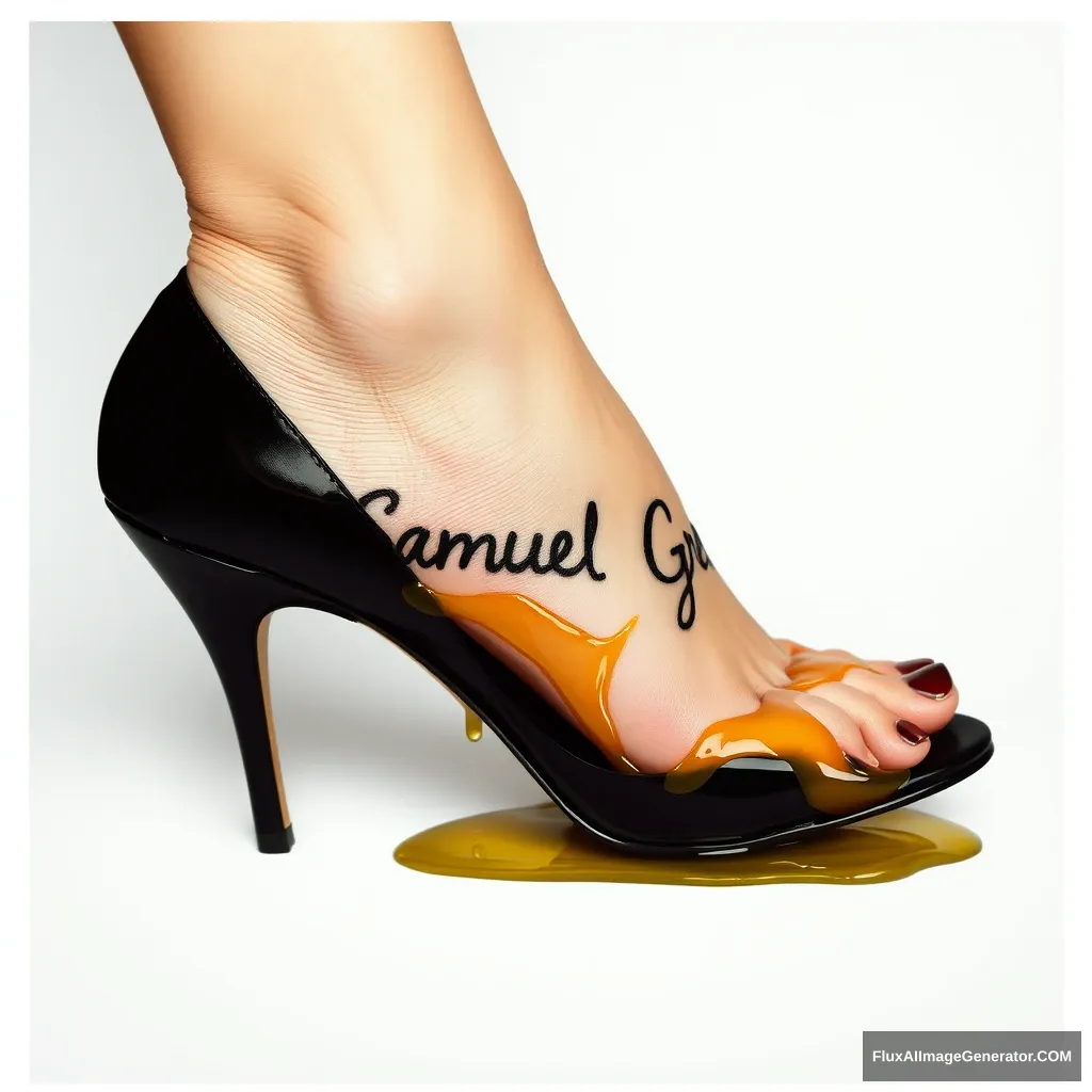 The name "Samuel Greg" on a woman's foot in a black high heel. There is oil all over the foot. - Image