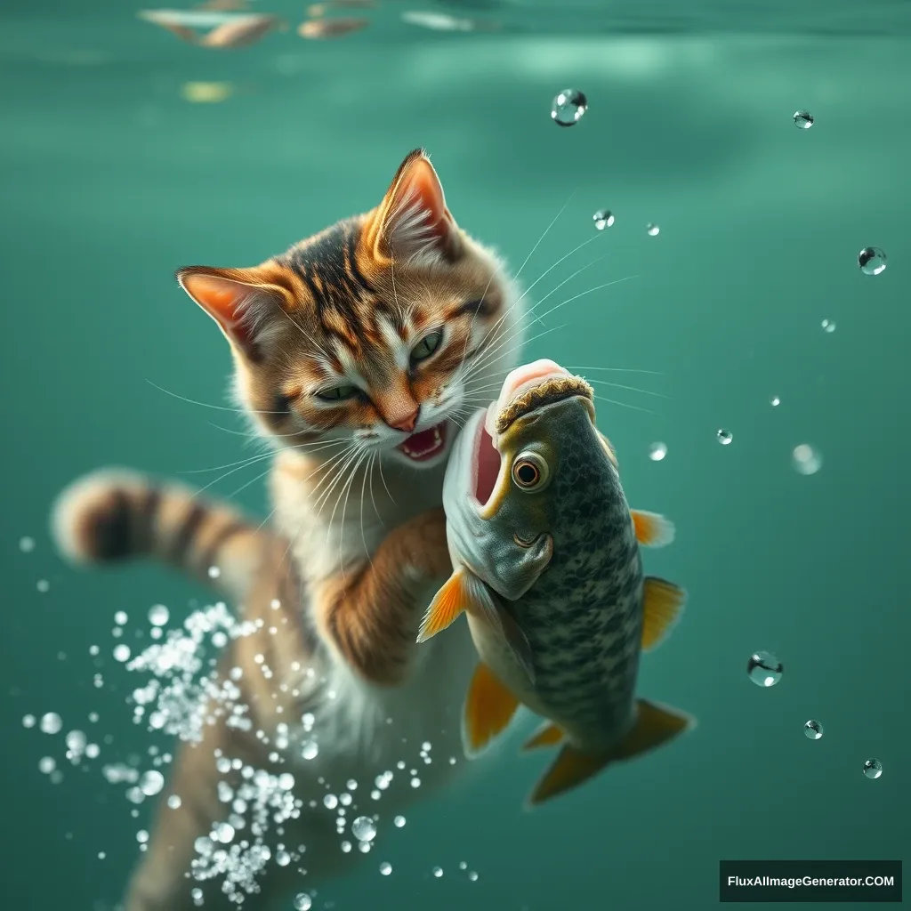 A cat fighting with a fish.