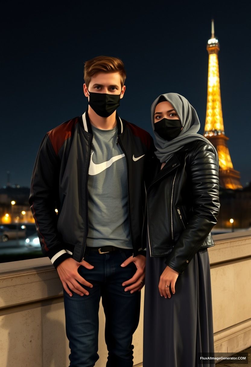 Jamie Dornan, youngest, black face mask, collage jacket, Nike t-shirt, jeans, tall man, fit body,

Dating, love with the biggest grey hijab Muslim girl, beautiful eyes, black face mask, leather jacket, the biggest longest skirt, cute short girl,

standing at a wall, an Eiffel Tower, night scenery, hyper-realistic, photorealistic, street photography.