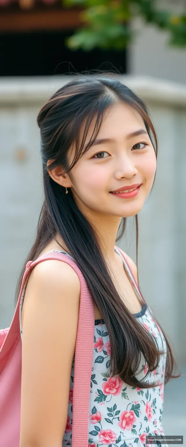 A pretty beautiful girl, Chinese, with an oval face, 18 years old, a college student, tall, in summer. - Image