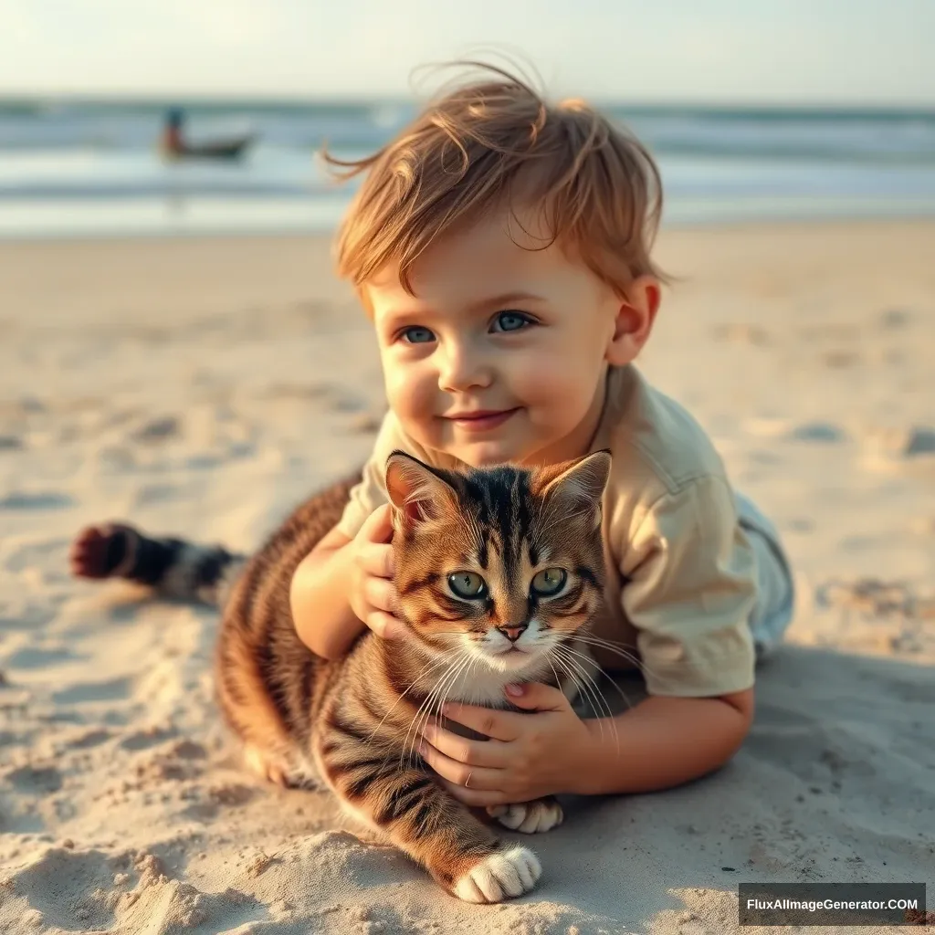 child, boy, cat, beach - Image