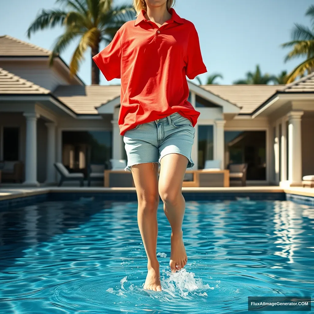 Front view of a young blonde skinny woman in her early twenties in her massive backyard, wearing a massively oversized red polo t-shirt that is slightly off balance on one shoulder. The bottom part of her t-shirt is tucked in on all sides. She is also wearing small light blue denim shorts and no shoes or socks. She jumps into her large luxurious pool, her lower legs splashing into the water.