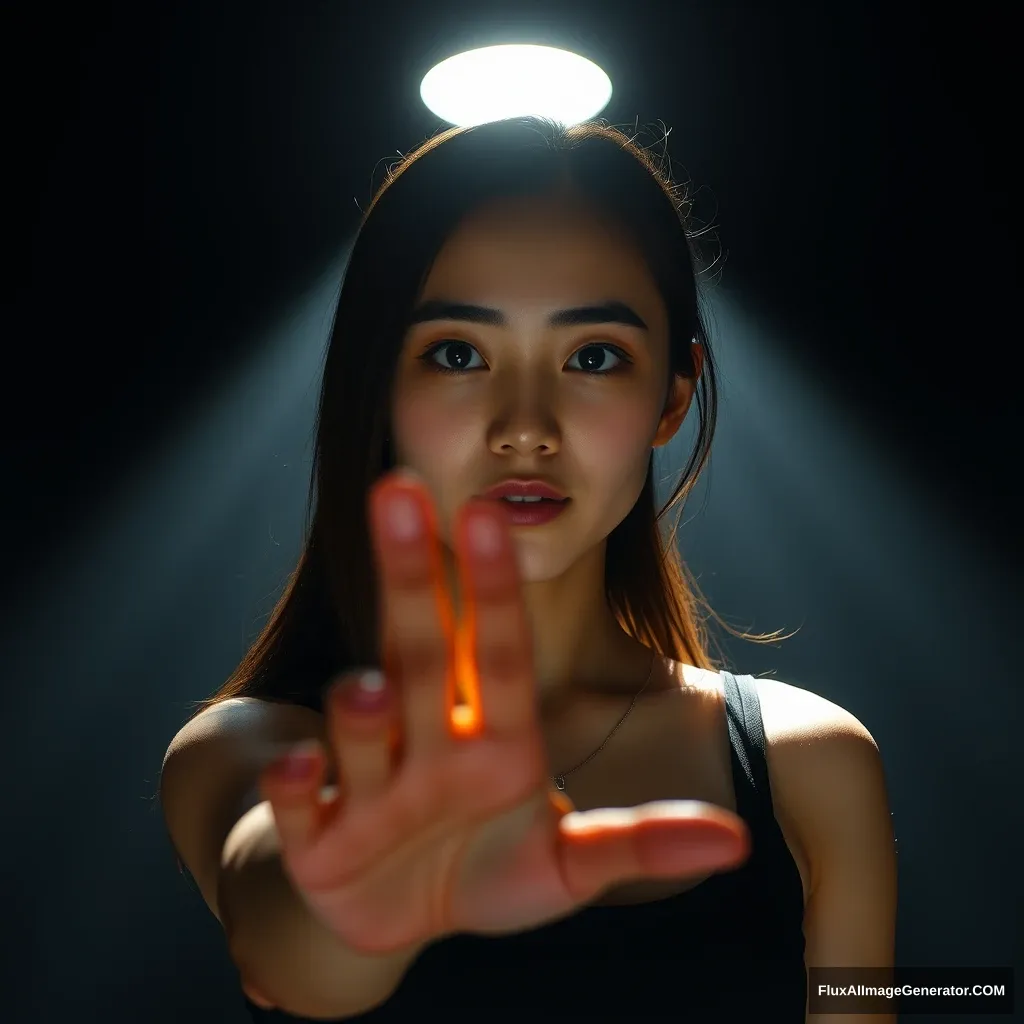 Background: Black background and a beam of light overhead, soft lighting. Light focused on the girl's face, A 21-year-old girl looked at me, Asian face The girl was wearing a Tank Top 4k She reached out to me, ready to accept the ring - Image