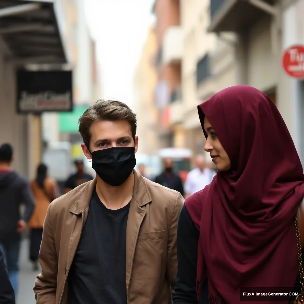 Jamie Dornan, wearing a black face mask, walking in town with the tallest girl in a maroon hijab, a slim girl.