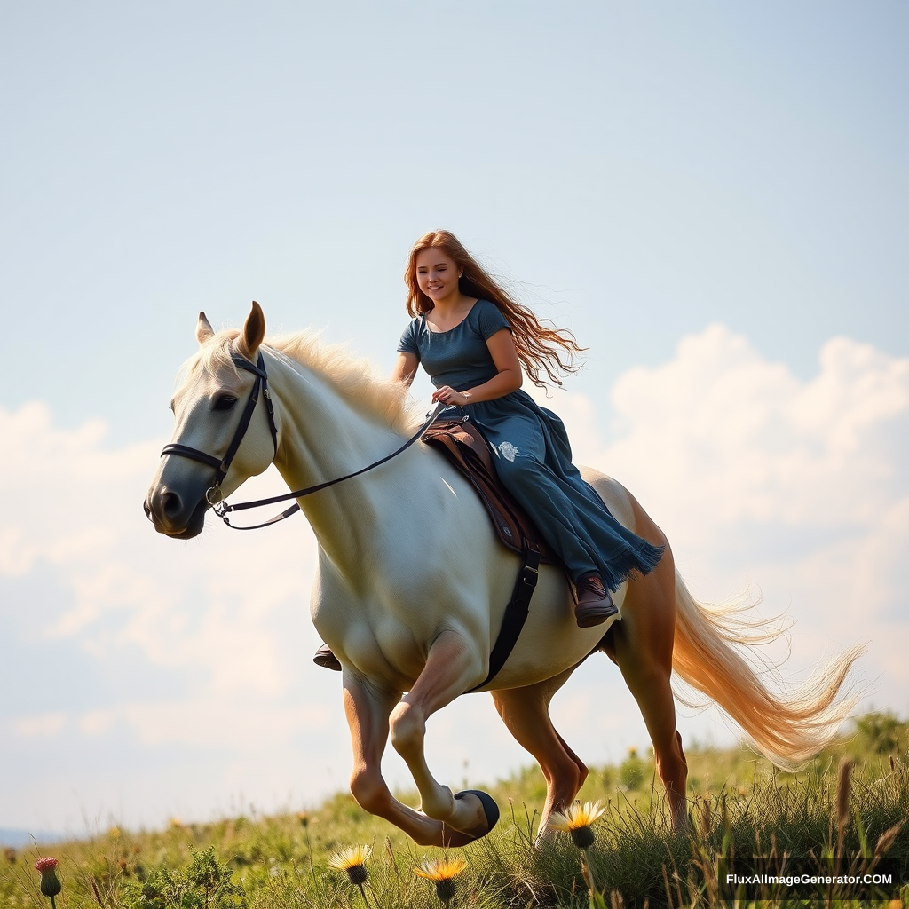 A beautiful girl rides a steed galloping on the grassland. - Image