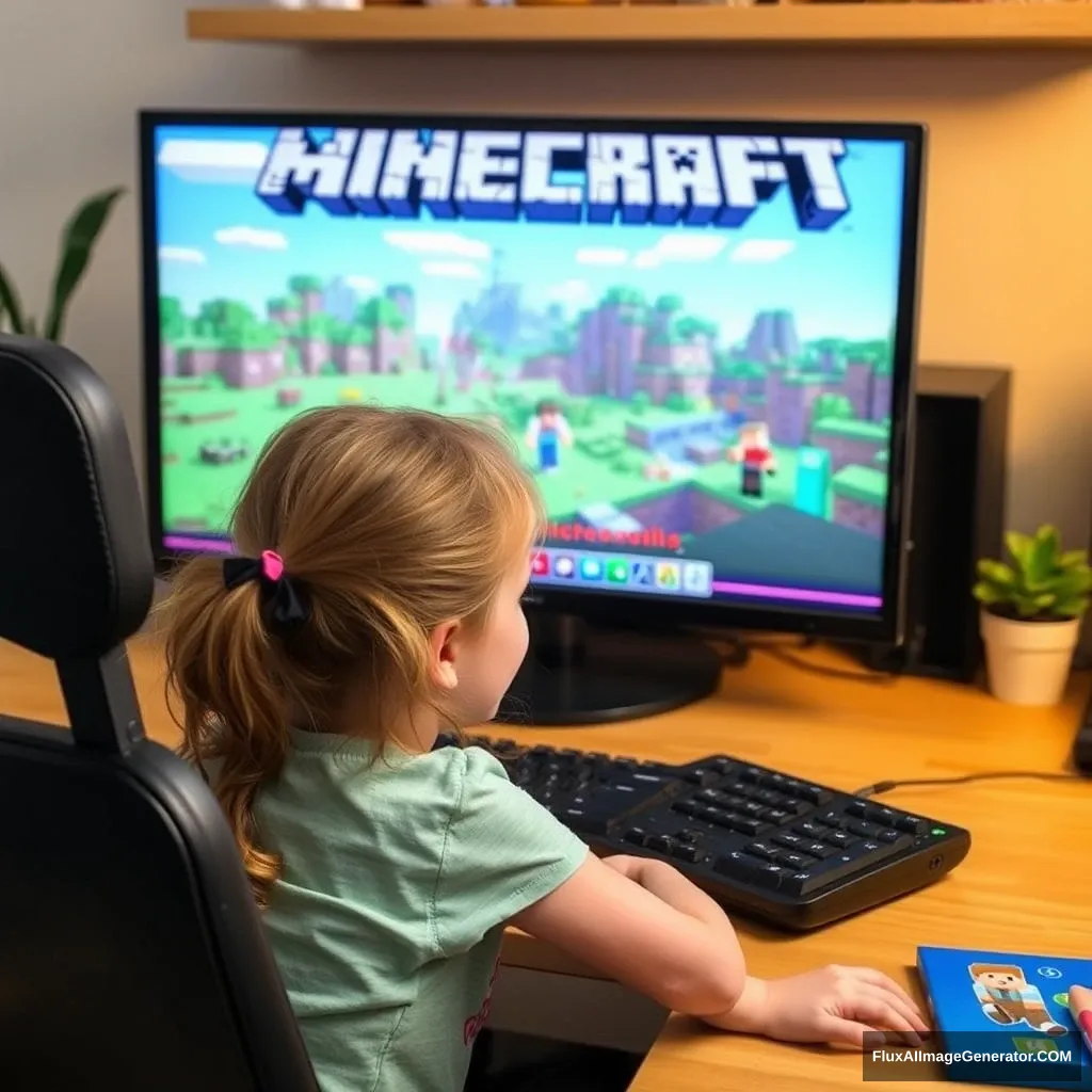 A little girl sitting in front of the computer playing Minecraft game.