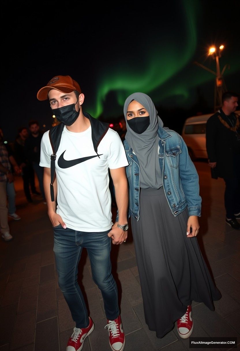 Jamie Dornan, handsome, leather cap, black face mask, white Nike t-shirt, jeans, sneakers, dating a romantic relationship with a gray-hijab-wearing Muslim girl, beautiful eyes, black face mask, jeans jacket, very long and big skirt, not a tall girl, red sneakers, holding hands, photorealistic, street photography, full photography, selfie photos, night scenery, aurora. - Image