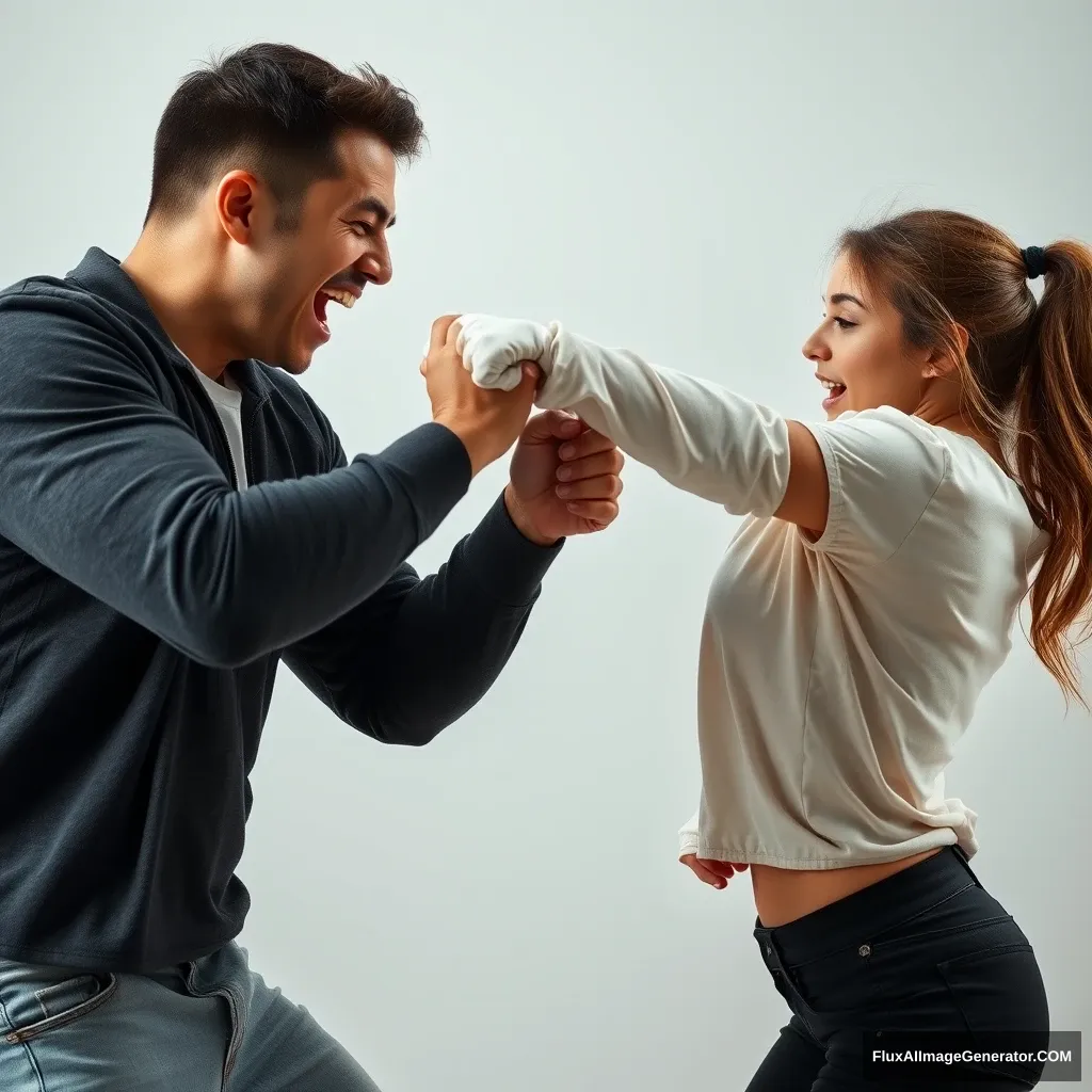 A pretty small delicate and slim lady fighting her big muscular boyfriend in a casual fight. She is completely in control, defeating and beating him badly and completely. She is delivering a hard punch to him that makes him stumble, bending him backwards. He looks defenseless, close to falling unconscious. - Image