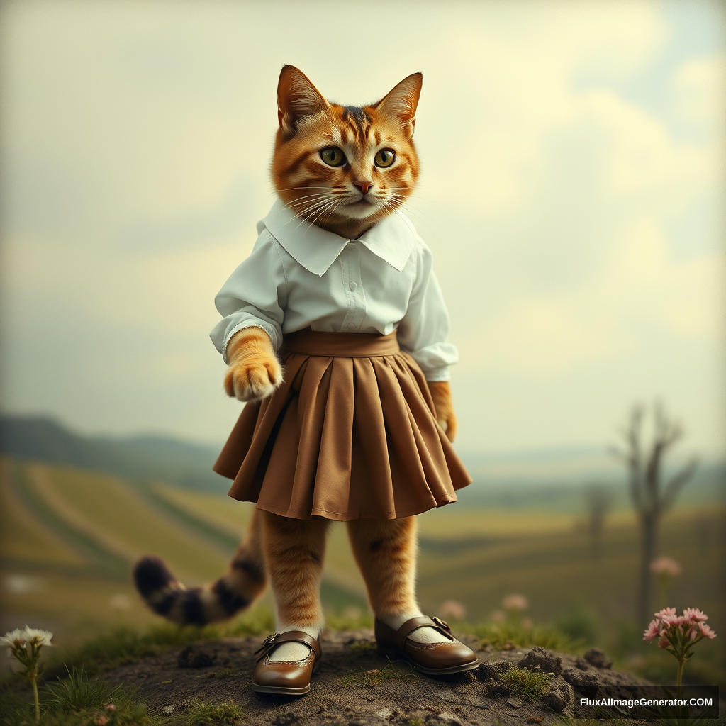 Surrealist photography of an anthropomorphic cat, cat paw, dressed in a pleated skirt with a blouse tucked in and Mary Jane shoes, strange landscape, detailed. - Image