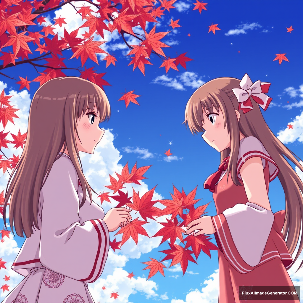 Manga, anime, beautiful girls, maple leaves, blue sky and white clouds. - Image