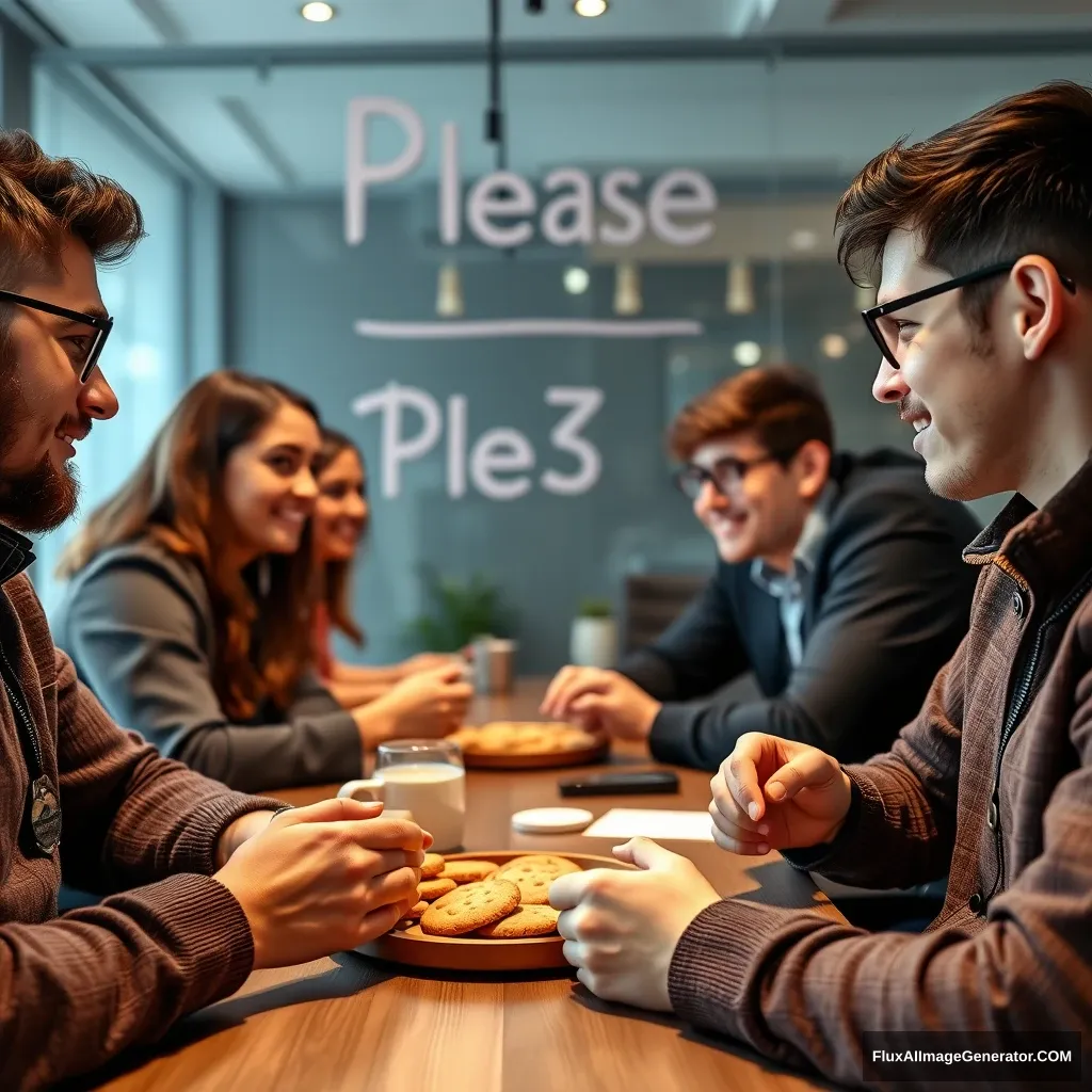 "Please描描the scene of tech startup team members having a meeting while eating cookies." - Image