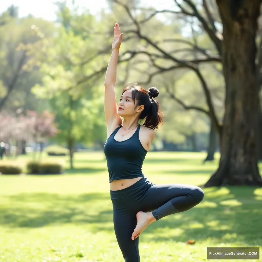 A woman doing yoga in the park, Asian, young mother, yoga sportswear. - Image