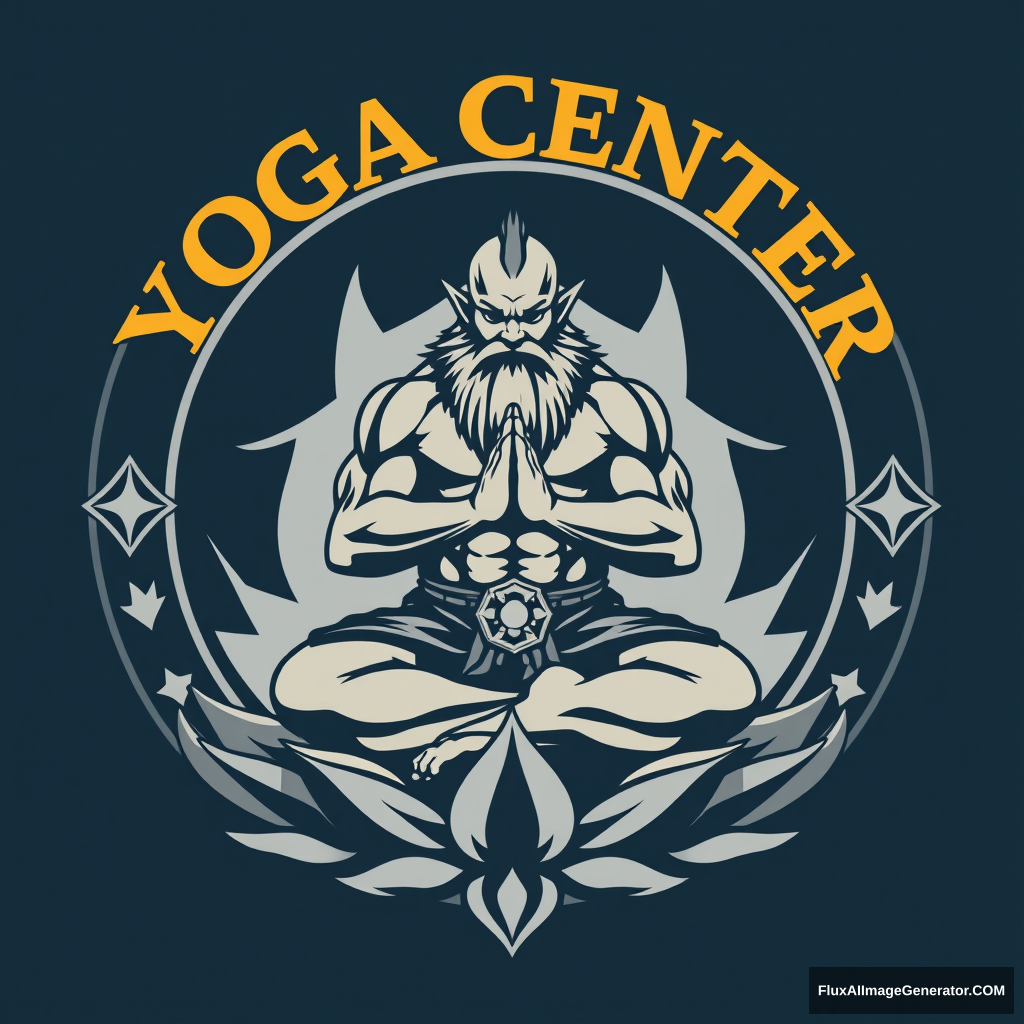 Yoga Center Logo: Muscular Gotrek Dwarf Warhammer Fantasy Lotus Position