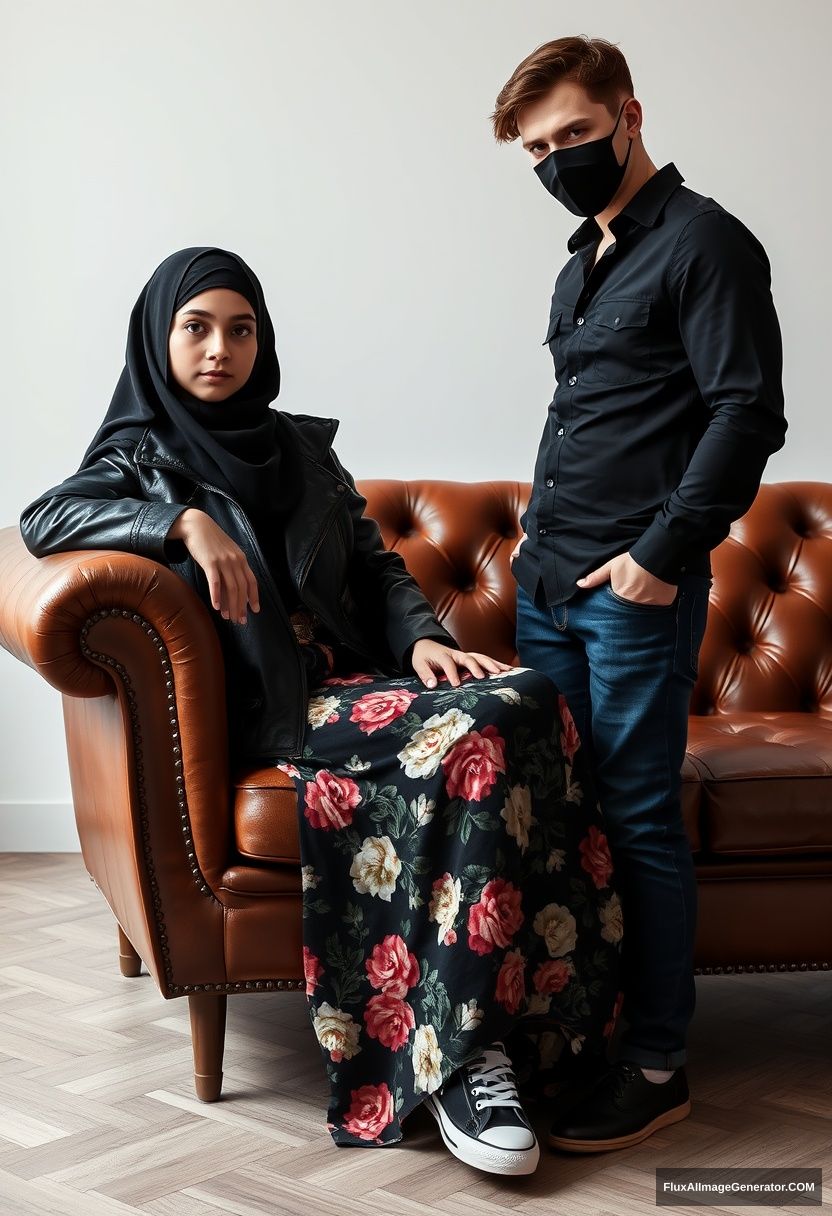 A black hijab burqa girl, short girl, beautiful eyes, black leather jacket, the biggest floral long dress, black leather sneakers, sitting on a leather single-wing sofa, Jamie Dornan, black shirt, jeans, black leather sneakers, tall man, face mask black, fit body, standing near her, hyper-realistic, studio photography.