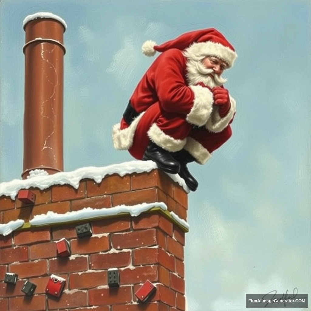 Santa squatting on top of a chimney, grunting as he holds on to the top edge, a painting by Authur Sarnoff.